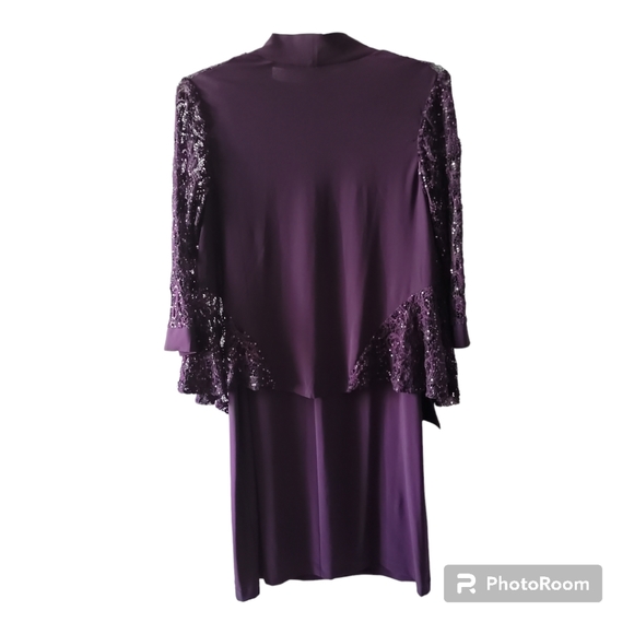 R&M Richards Dress & Jacket Sequins lace plum stretch sz 14 evening coquette - Picture 2 of 16